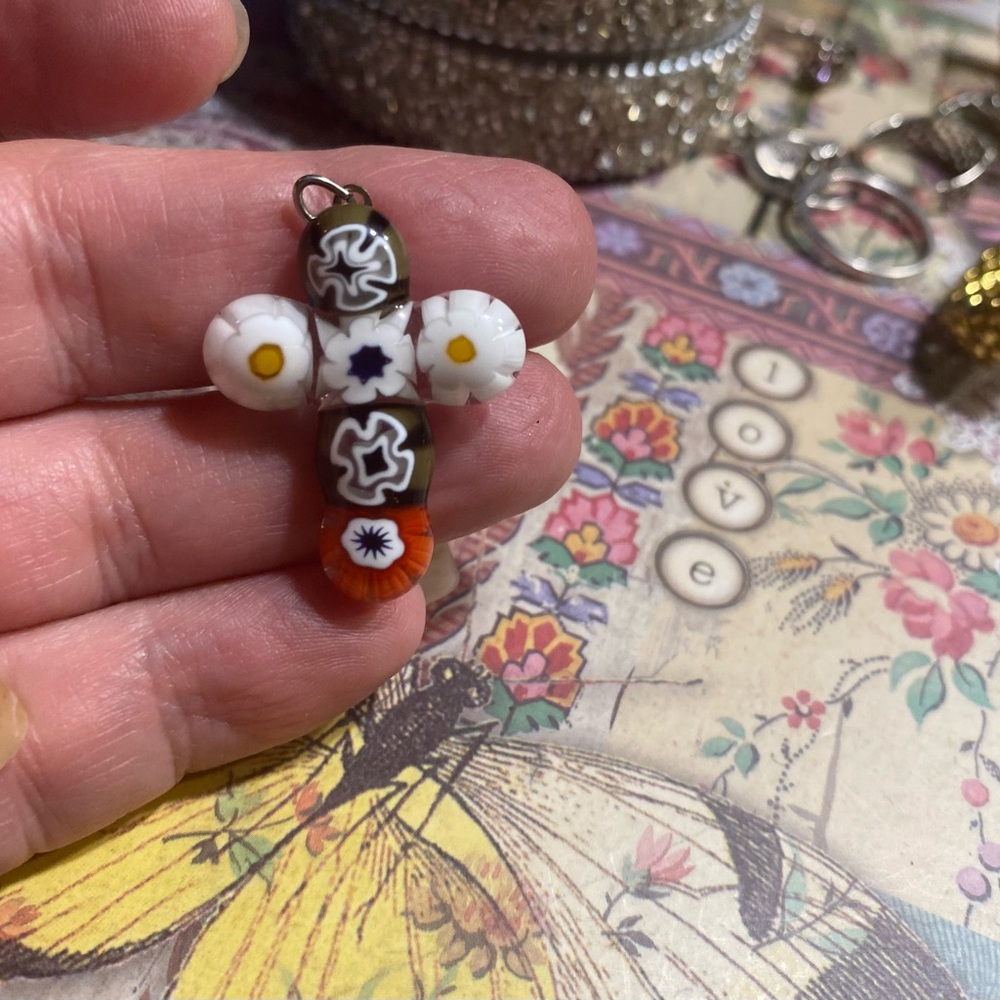 Vtg Italian Murano Millefiori Glass Cross Pendant Handmade Floral Art Glass